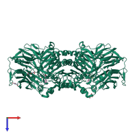 Homo dimeric assembly 1 of PDB entry 2hu5 coloured by chemically distinct molecules, top view.