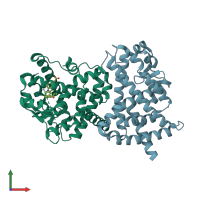 PDB entry 2hwq coloured by chain, front view.