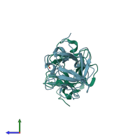 PDB entry 2hz9 coloured by chain, side view.