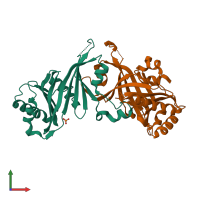 Hetero dimeric assembly 1 of PDB entry 2hzm coloured by chemically distinct molecules, front view.