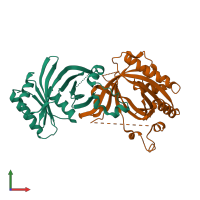 Hetero dimeric assembly 2 of PDB entry 2hzm coloured by chemically distinct molecules, front view.