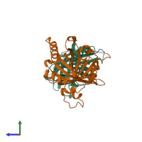 Hetero dimeric assembly 2 of PDB entry 2hzm coloured by chemically distinct molecules, side view.