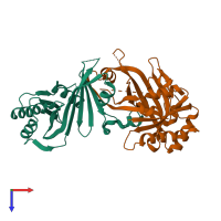 Hetero dimeric assembly 2 of PDB entry 2hzm coloured by chemically distinct molecules, top view.