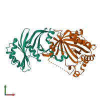 Hetero dimeric assembly 3 of PDB entry 2hzm coloured by chemically distinct molecules, front view.