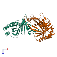 Hetero dimeric assembly 3 of PDB entry 2hzm coloured by chemically distinct molecules, top view.