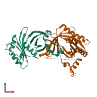 Hetero dimeric assembly 4 of PDB entry 2hzm coloured by chemically distinct molecules, front view.