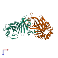 Hetero dimeric assembly 4 of PDB entry 2hzm coloured by chemically distinct molecules, top view.