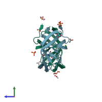 PDB entry 2idw coloured by chain, side view.