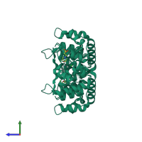 Homo dimeric assembly 2 of PDB entry 2is9 coloured by chemically distinct molecules, side view.