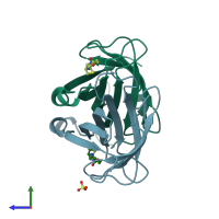 PDB entry 2izf coloured by chain, side view.