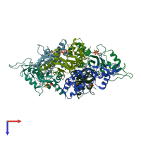 PDB entry 2j9l coloured by chain, top view.