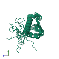 PDB entry 2jro coloured by chain, ensemble of 20 models, side view.