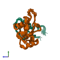 PDB entry 2k7a coloured by chain, ensemble of 20 models, side view.