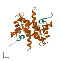 Hetero tetrameric assembly 1 of PDB entry 2kbm coloured by chemically distinct molecules, front view.