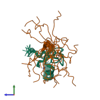 PDB entry 2kft coloured by chain, ensemble of 20 models, side view.