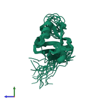 PDB entry 2kom coloured by chain, ensemble of 20 models, side view.