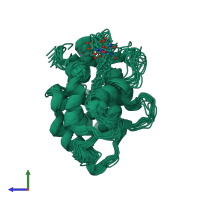 PDB entry 2l2e coloured by chain, ensemble of 15 models, side view.
