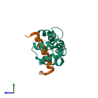 Hetero dimeric assembly 1 of PDB entry 2l53 coloured by chemically distinct molecules, side view.