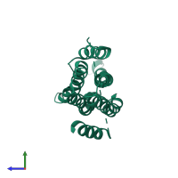 Monomeric assembly 1 of PDB entry 2l6f coloured by chemically distinct molecules, side view.