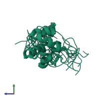 PDB entry 2lmr coloured by chain, ensemble of 20 models, side view.