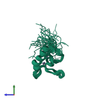 PDB entry 2lv9 coloured by chain, ensemble of 20 models, side view.