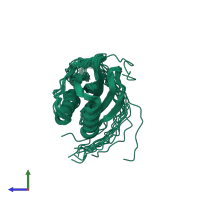 PDB entry 2mcf coloured by chain, ensemble of 15 models, side view.