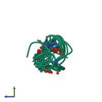 PDB entry 2mfm coloured by chain, ensemble of 10 models, side view.