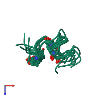 PDB entry 2mfm coloured by chain, ensemble of 10 models, top view.