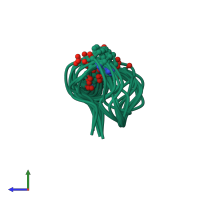 PDB entry 2mfo coloured by chain, ensemble of 10 models, side view.