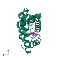 PDB entry 2mgi coloured by chain, side view.