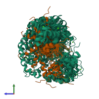 PDB entry 2mgu coloured by chain, ensemble of 20 models, side view.