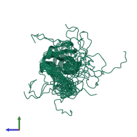 PDB entry 2mpl coloured by chain, ensemble of 20 models, side view.