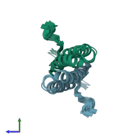 PDB entry 2mpn coloured by chain, ensemble of 10 models, side view.