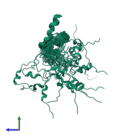 PDB entry 2mt3 coloured by chain, ensemble of 20 models, side view.