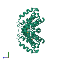 Homo dimeric assembly 1 of PDB entry 2o8i coloured by chemically distinct molecules, side view.