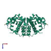 Homo dimeric assembly 1 of PDB entry 2o8i coloured by chemically distinct molecules, top view.