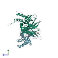 PDB entry 2oa9 coloured by chain, side view.