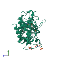 Monomeric assembly 4 of PDB entry 2oid coloured by chemically distinct molecules, side view.