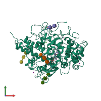 PDB entry 2ojv coloured by chain, front view.