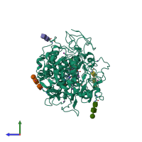 PDB entry 2ojv coloured by chain, side view.