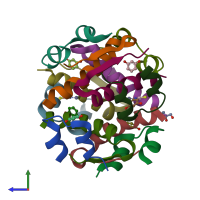 PDB entry 2olz coloured by chain, side view.