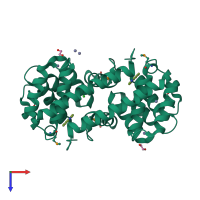 Homo dimeric assembly 1 of PDB entry 2ou3 coloured by chemically distinct molecules, top view.