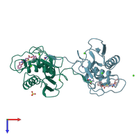 PDB entry 2ow9 coloured by chain, top view.