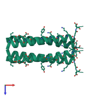 Homo tetrameric assembly 1 of PDB entry 2oxk coloured by chemically distinct molecules, top view.