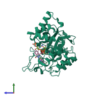 PDB entry 2pdf coloured by chain, side view.