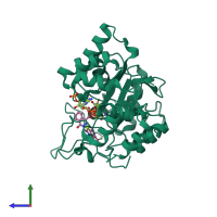 PDB entry 2pdm coloured by chain, side view.