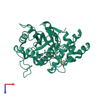 Monomeric assembly 1 of PDB entry 2pdn coloured by chemically distinct molecules, top view.