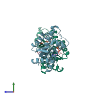 PDB entry 2pez coloured by chain, side view.