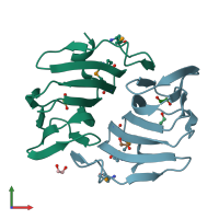 PDB entry 2pfw coloured by chain, front view.