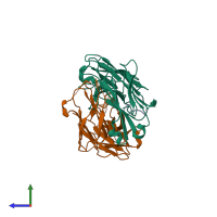 PDB entry 2pw1 coloured by chain, side view.